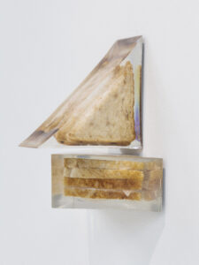 Alex Frost
West Country Cheddar and Pickle (Tesco), Sliced Egg with a Cress Mayo (DD's),
2017 Sandwiches, Clear Cast Resin and Acrylic sheet.
260 x 185 x 150 mm