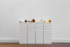 Dorota Jurczak,
Shoewall
ceramic wooden boxes, 2020, 70 x 120 cm
